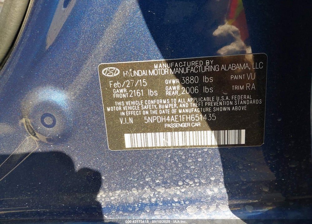 2015 HYUNDAI ELANTRA VIN: 5NPDH4AE1FH651435
