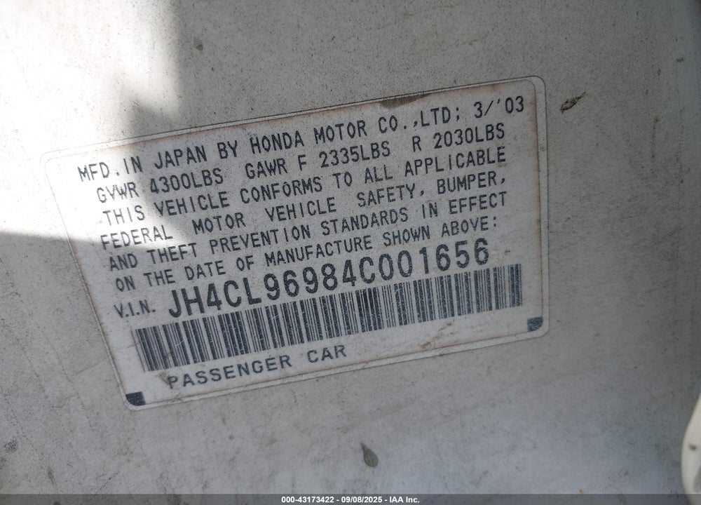 2004 ACURA TSX VIN: JH4CL96984C001656