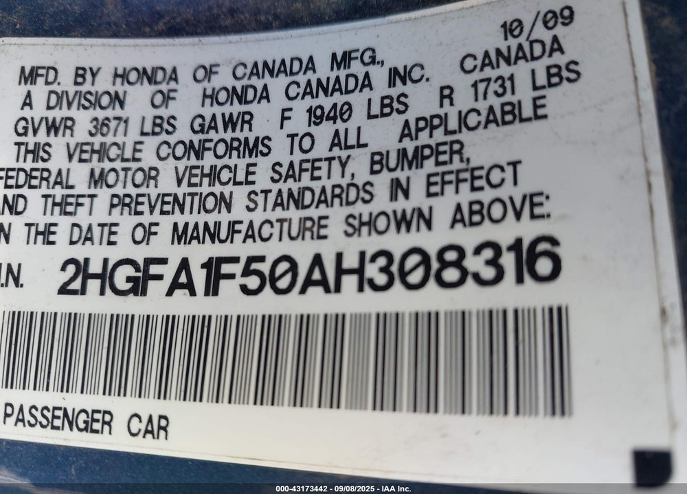 2010 HONDA CIVIC LX VIN: 2HGFA1F50AH308316