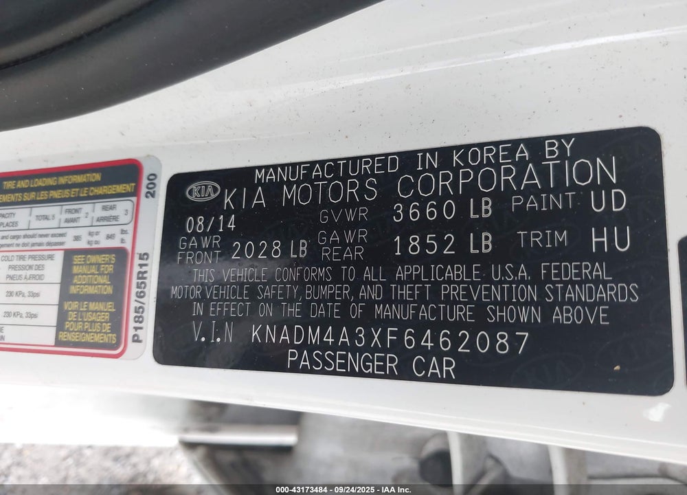 2015 KIA RIO VIN: KNADM4A3XF6462087