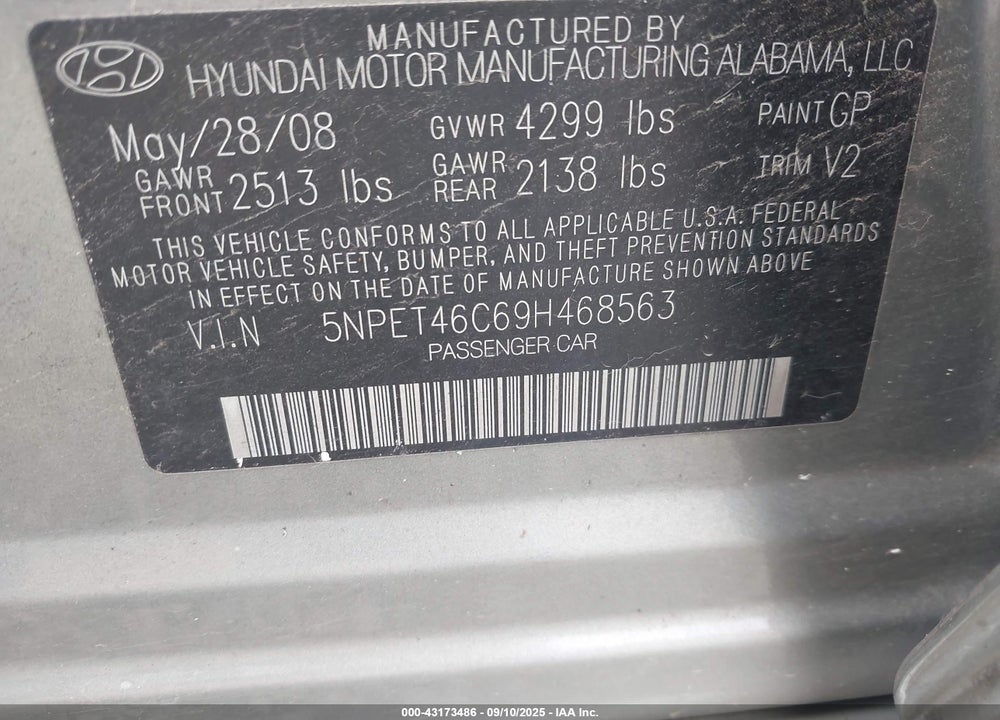 2009 HYUNDAI SONATA GLS VIN: 5NPET46C69H468563