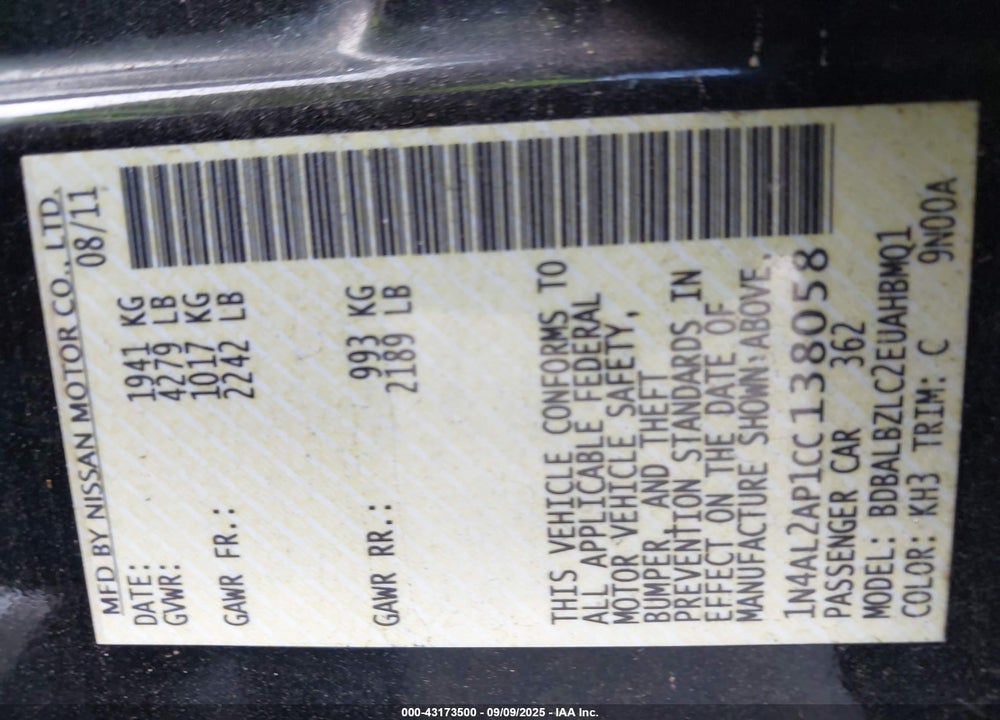 2012 NISSAN ALTIMA VIN: 1N4AL2AP1CC138058
