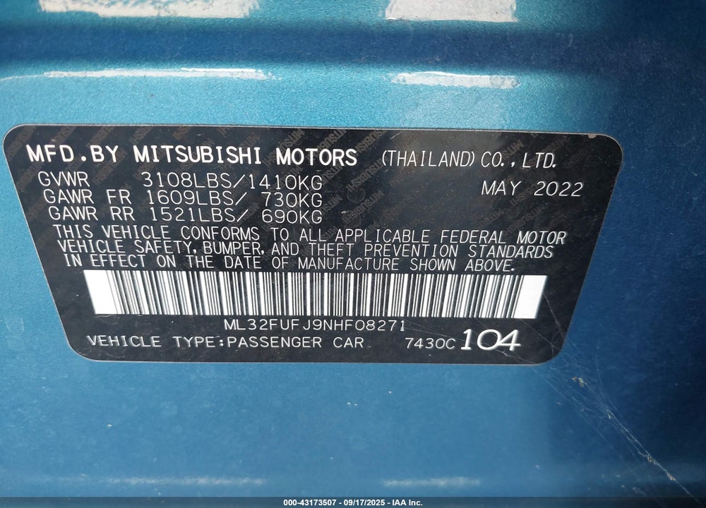2022 MITSUBISHI MIRAGE VIN: ML32FUFJ9NHF08271