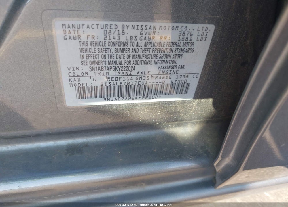 2019 NISSAN SENTRA VIN: 3N1AB7AP6KY222024
