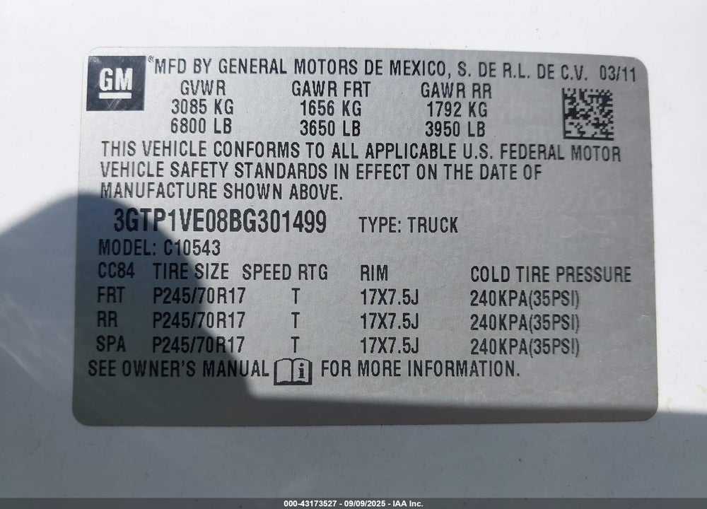 2011 GMC SIERRA 1500 VIN: 3GTP1VE08BG301499