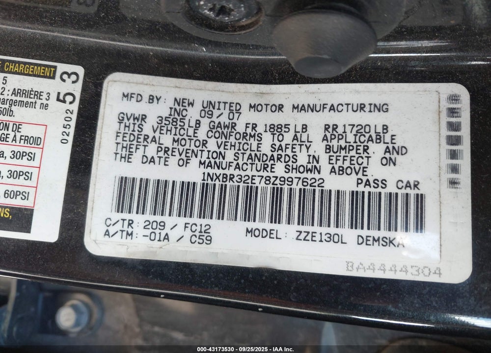 2008 TOYOTA COROLLA VIN: 1NXBR32E78Z997622