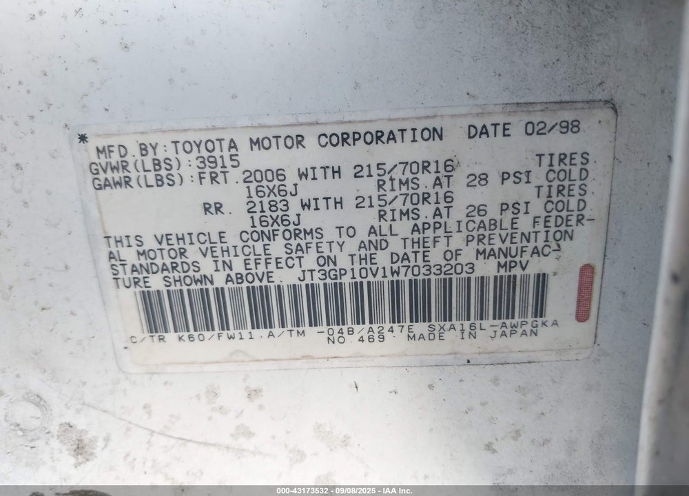 1998 TOYOTA RAV4 VIN: JT3GP10V1W7033203