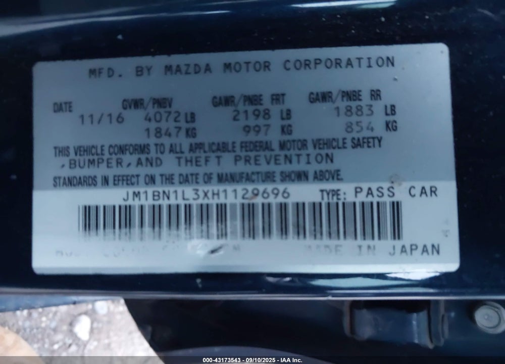 2017 MAZDA 3 VIN: JM1BN1L3XH1129696