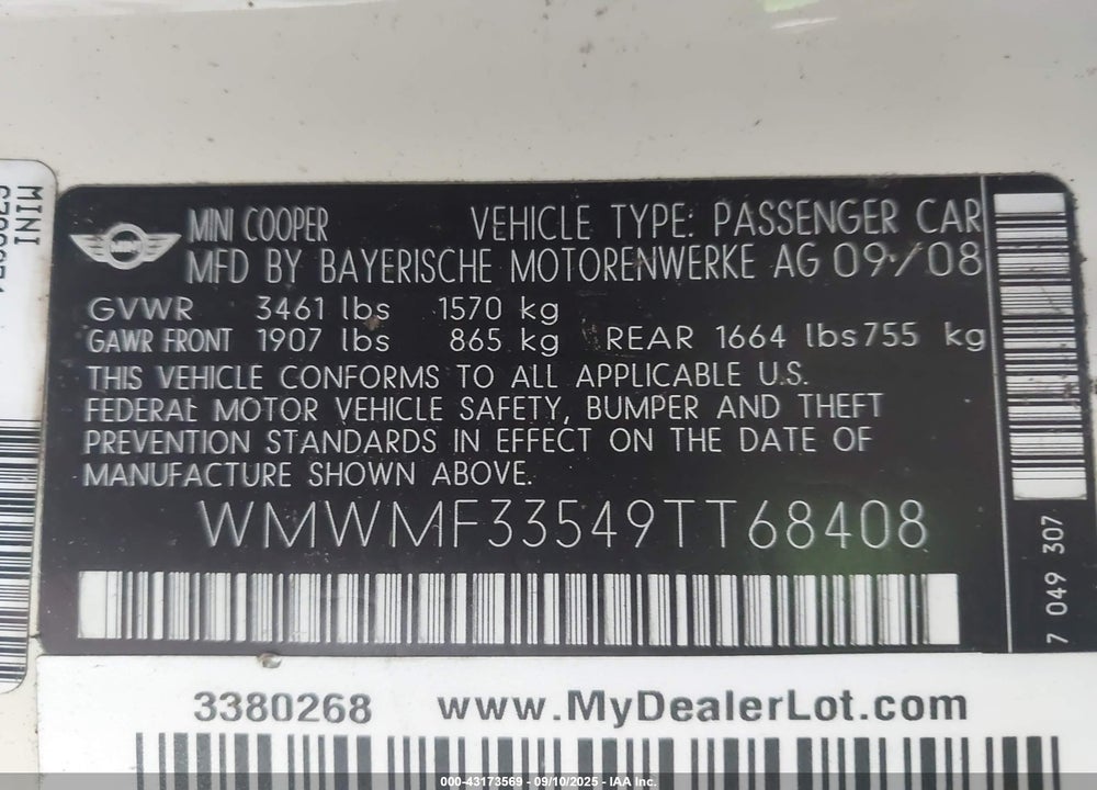2009 MINI COOPER VIN: WMWMF33549TT68408