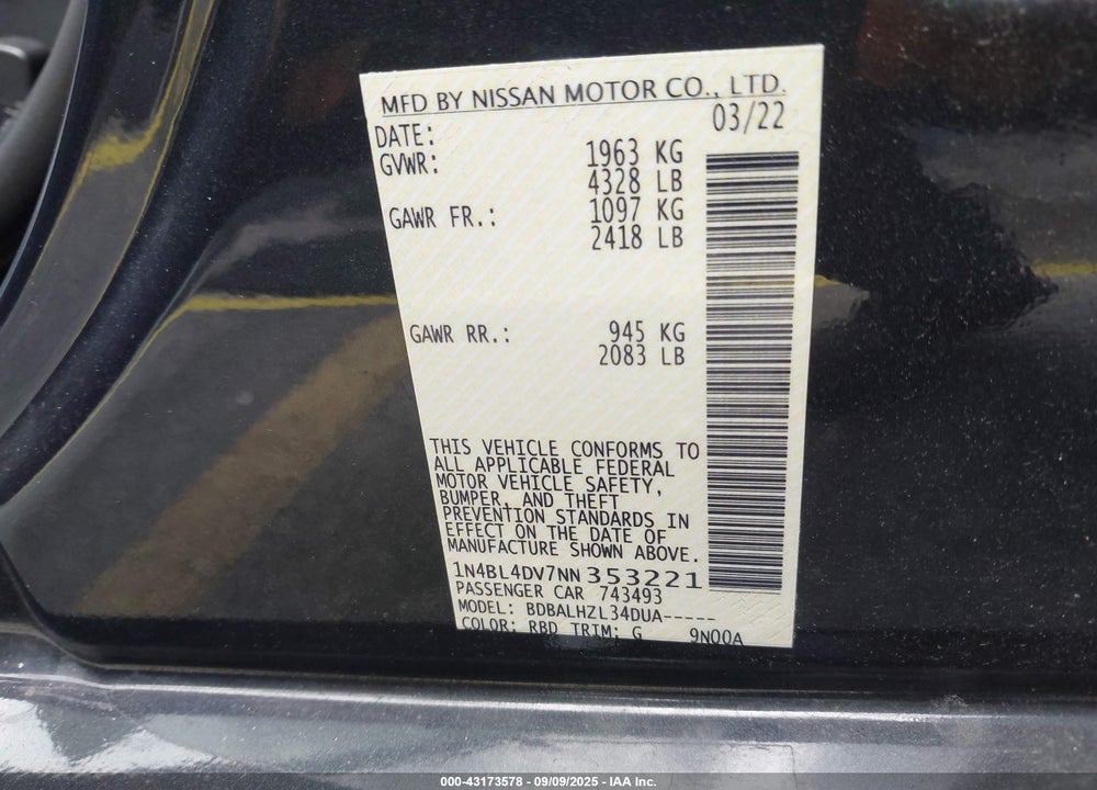 2022 NISSAN ALTIMA SV FWD VIN: 1N4BL4DV7NN353221
