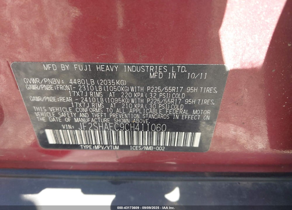 2012 SUBARU FORESTER VIN: JF2SHAEC9CH411060