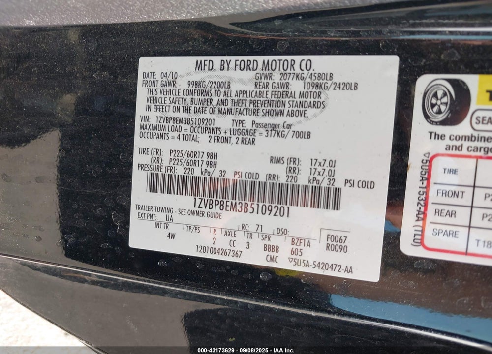 2011 FORD MUSTANG VIN: 1ZVBP8EM3B5109201