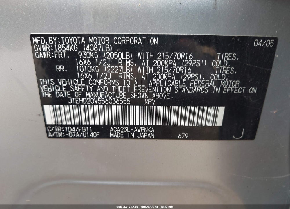 2005 TOYOTA RAV4 VIN: JTEHD20V556036555