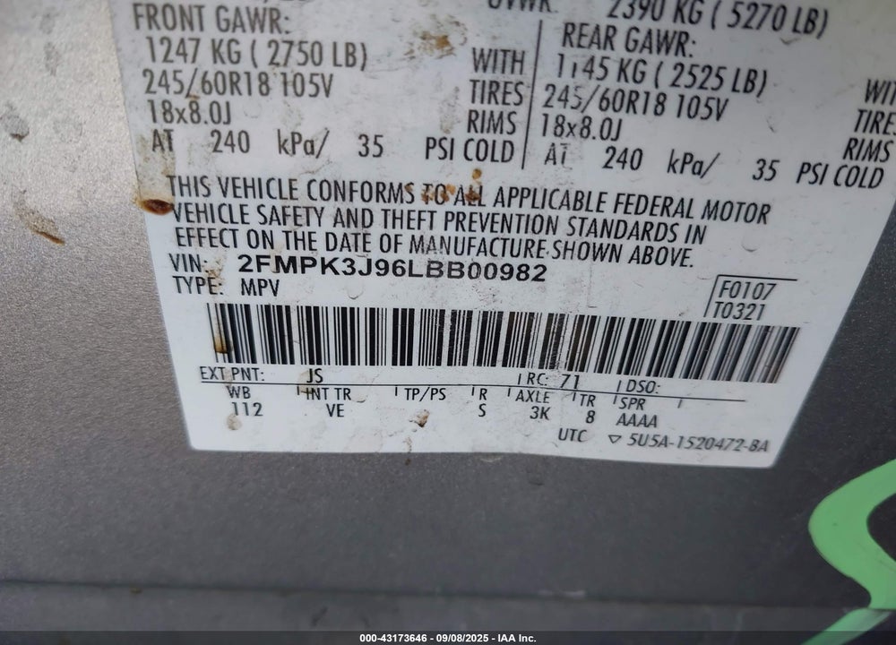 2020 FORD EDGE SEL VIN: 2FMPK3J96LBB00982
