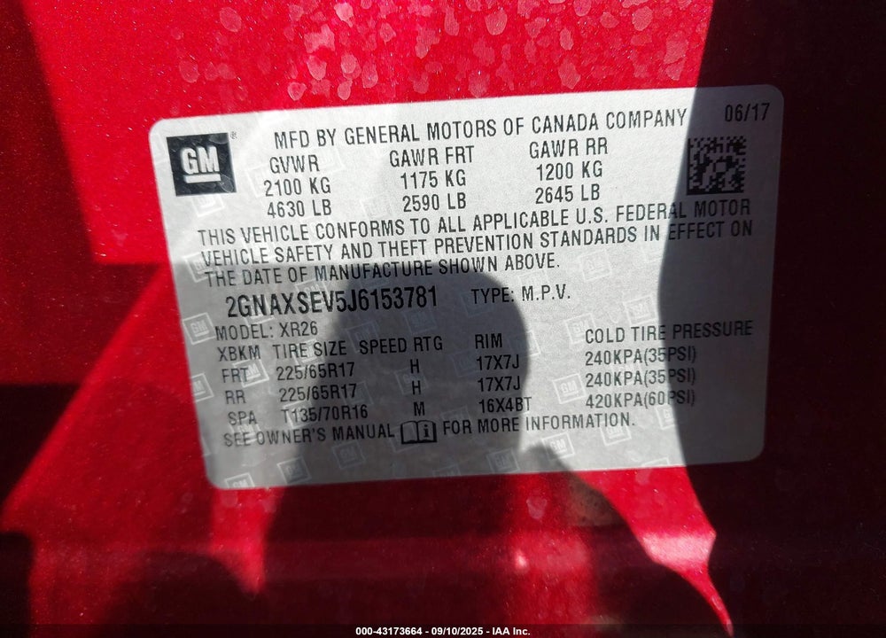 2018 CHEVROLET EQUINOX VIN: 2GNAXSEV5J6153781
