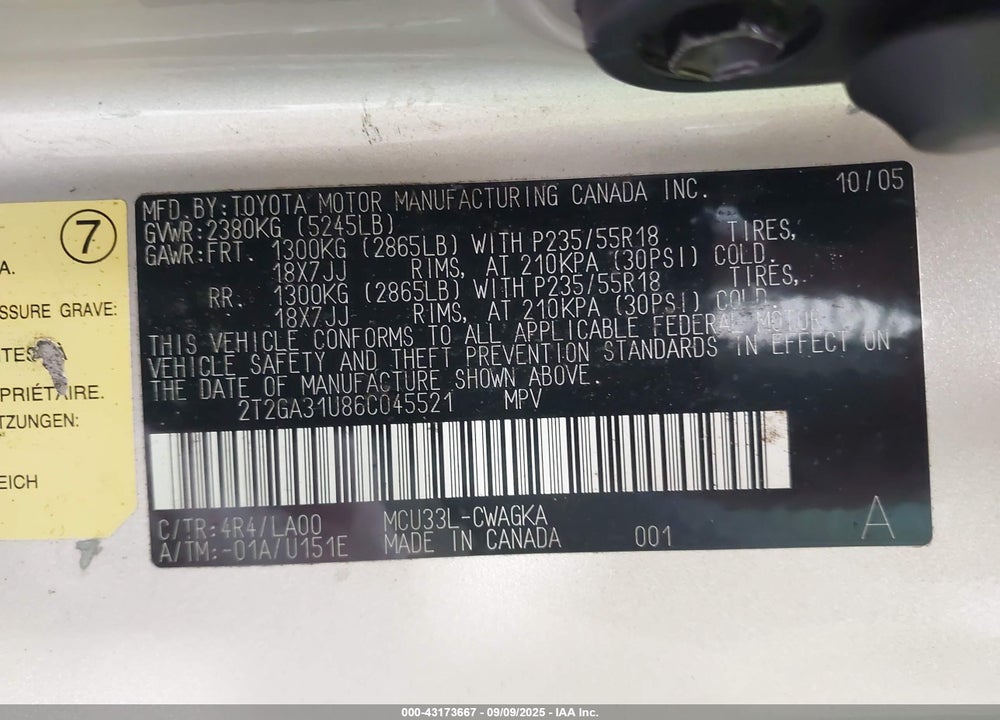 2006 LEXUS RX 330 VIN: 2T2GA31U86C045521