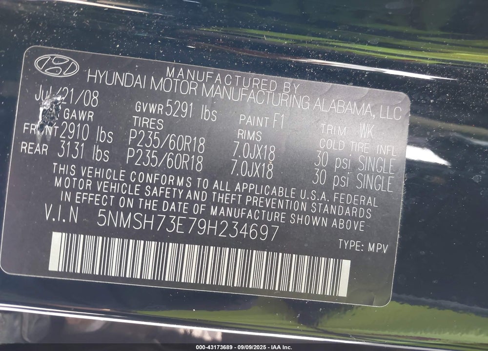 2009 HYUNDAI SANTA FE LIMITED VIN: 5NMSH73E79H234697