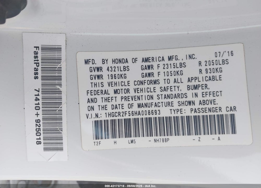 2017 HONDA ACCORD VIN: 1HGCR2F56HA008693