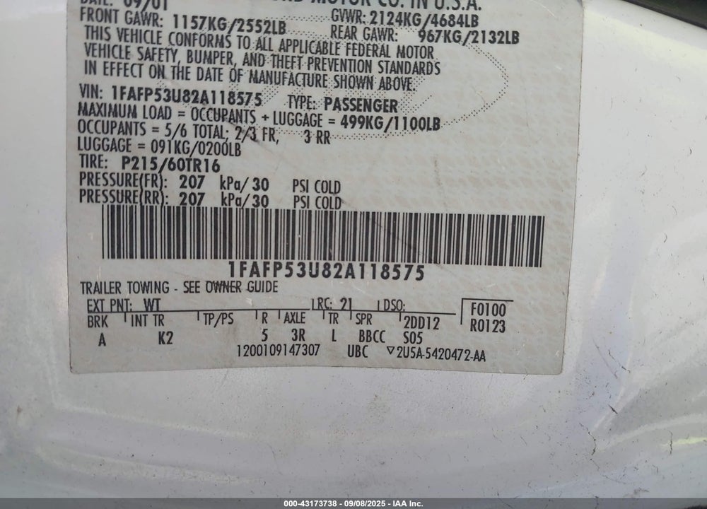 2002 FORD TAURUS SE VIN: 1FAFP53U82A118575