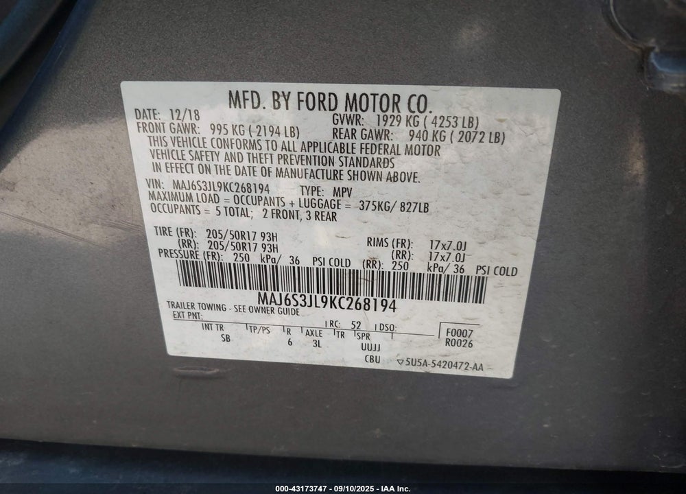2019 FORD ECOSPORT VIN: MAJ6S3JL9KC268194