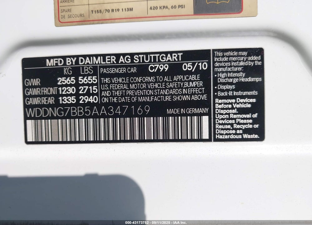 2010 MERCEDES-BENZ S CLASS VIN: WDDNG7BB5AA347169