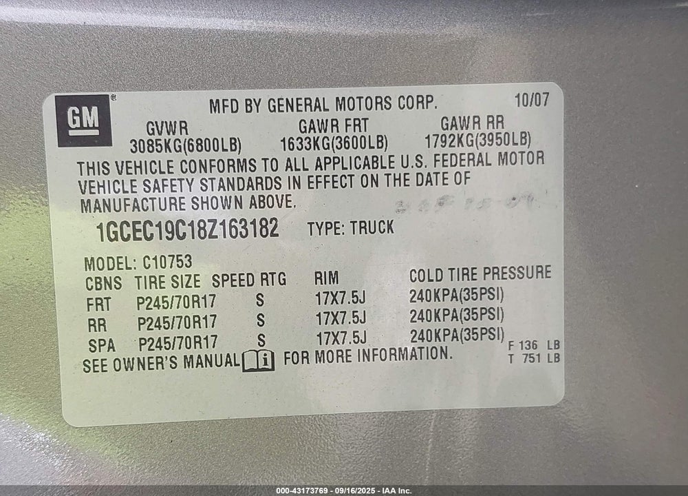 2008 CHEVROLET SILVERADO 1500 VIN: 1GCEC19C18Z163182