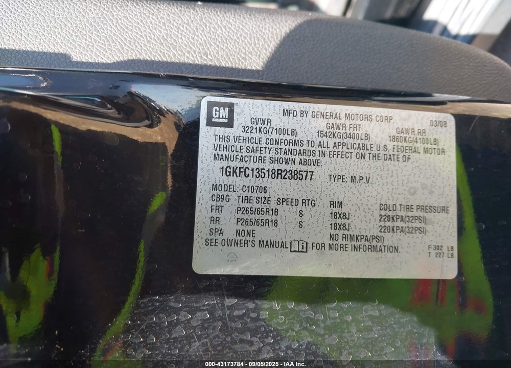 2008 GMC YUKON HYBRID VIN: 1GKFC13518R238577