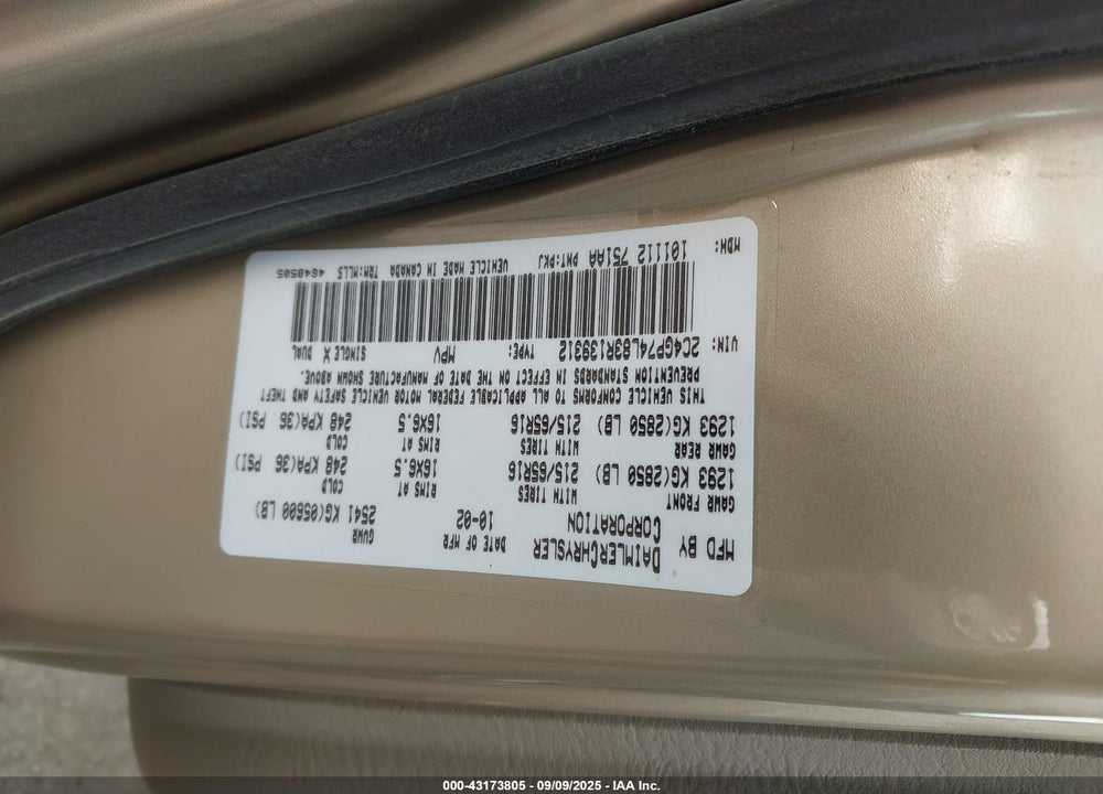 2003 CHRYSLER TOWN & COUNTRY EX VIN: 2C4GP74L83R139312
