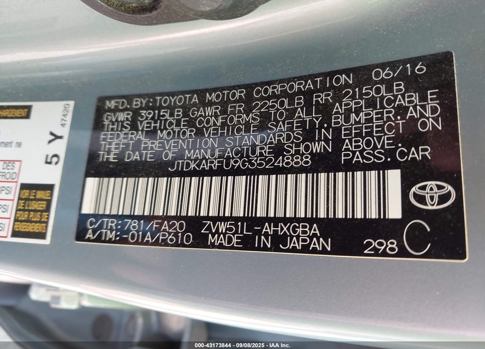 2016 TOYOTA PRIUS THREE VIN: JTDKARFU9G3524888
