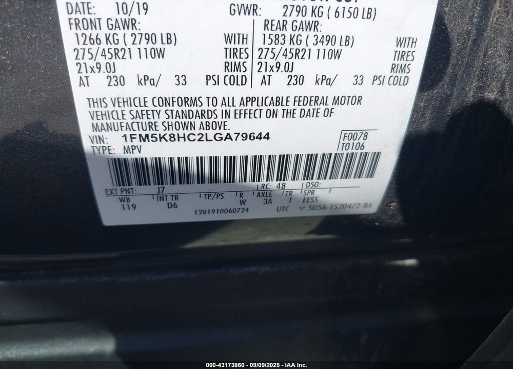 2020 FORD EXPLORER VIN: 1FM5K8HC2LGA79644