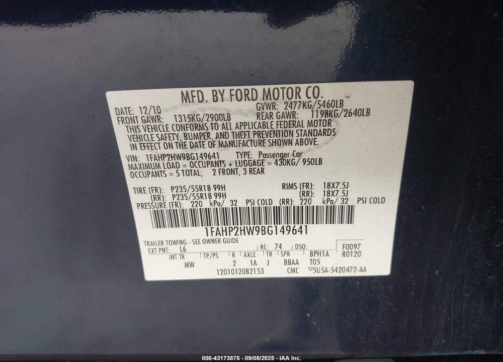 2011 FORD TAURUS VIN: 1FAHP2HW9BG149641