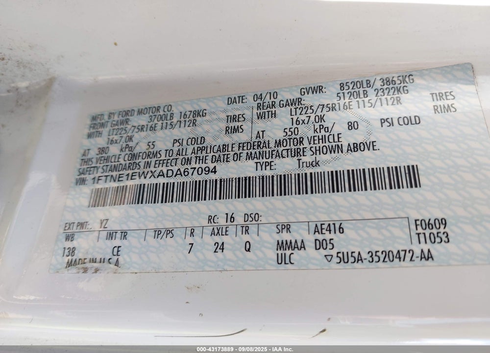 2010 FORD E 150 VIN: 1FTNE1EWXADA67094