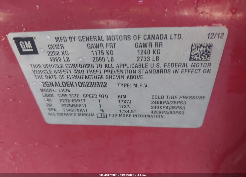 2013 CHEVROLET EQUINOX VIN: 2GNALDEK1D6239302
