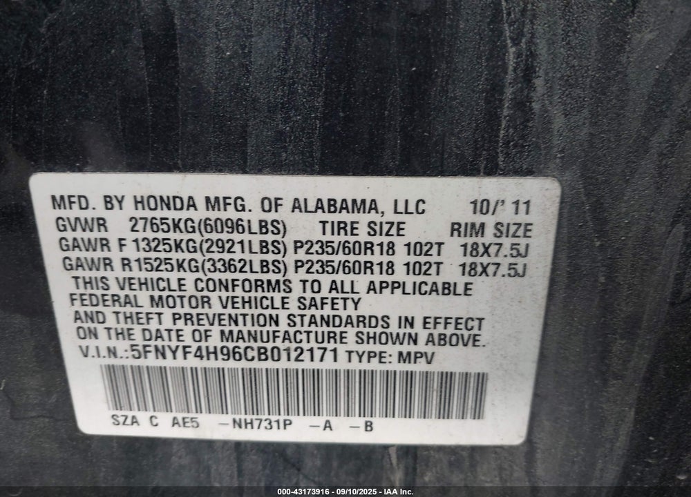 2012 HONDA PILOT VIN: 5FNYF4H96CB012171