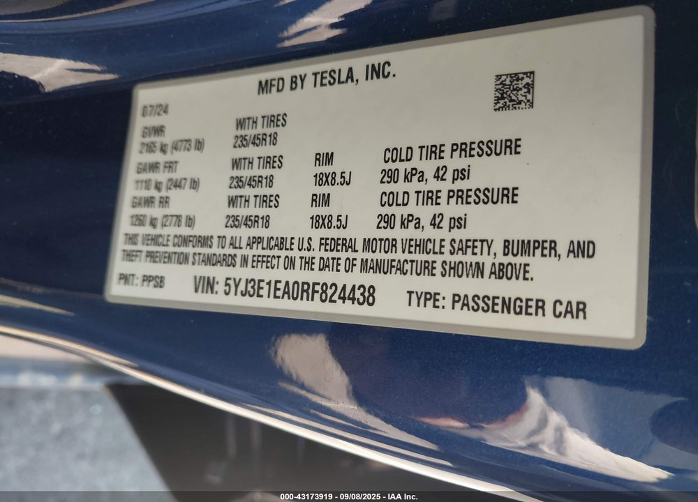 2024 TESLA MODEL 3 LONG RANGE DUAL MOTOR ALL-WHEEL DRIVE/REAR-WHEEL DRIVE VIN: 5YJ3E1EA0RF824438