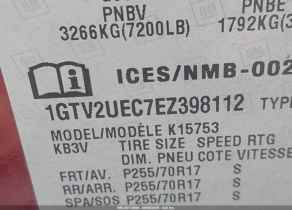 2014 GMC SIERRA 1500 VIN: 1GTV2UEC7EZ398112