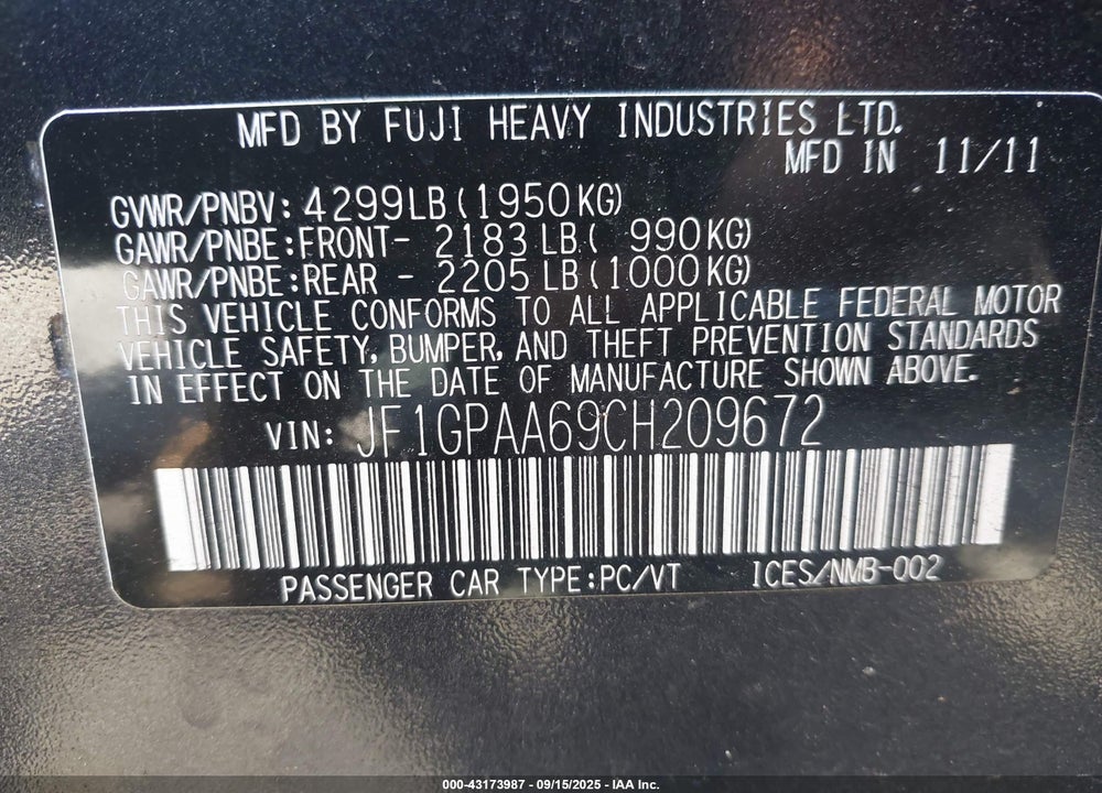 2012 SUBARU IMPREZA VIN: JF1GPAA69CH209672