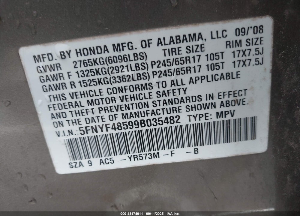 2009 HONDA PILOT EX-L VIN: 5FNYF48599B035482