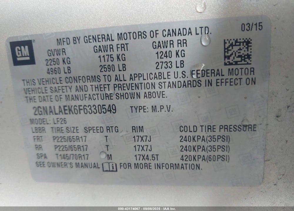 2015 CHEVROLET EQUINOX VIN: 2GNALAEK6F6330549