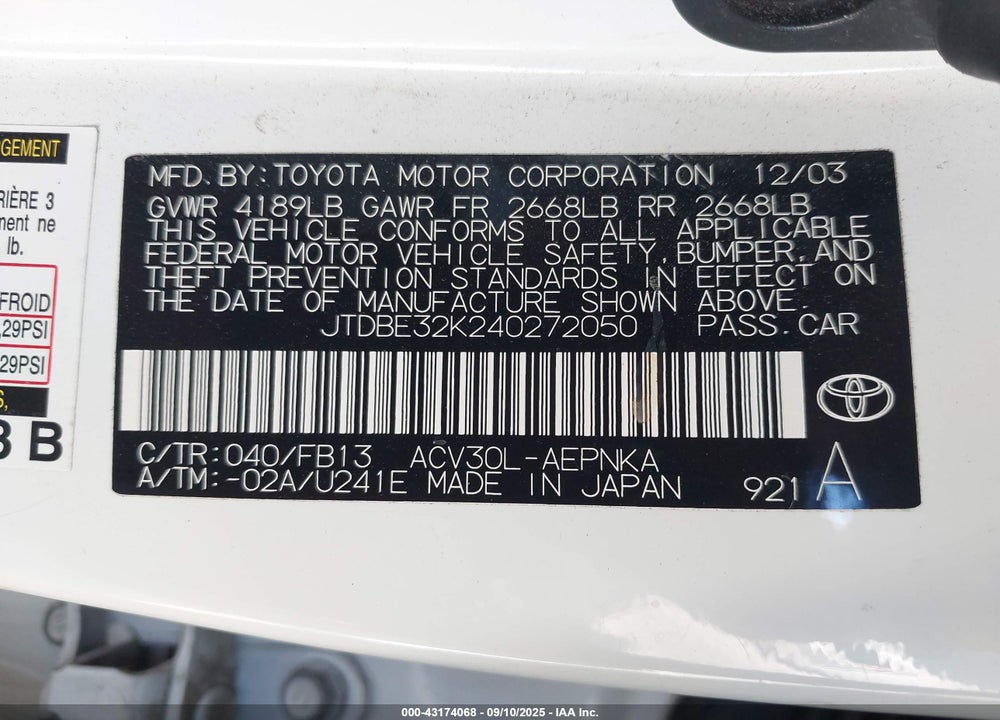 2004 TOYOTA CAMRY LE VIN: JTDBE32K240272050