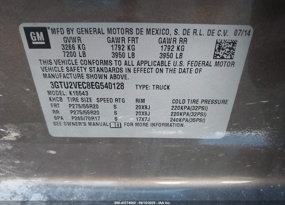 2014 GMC SIERRA 1500 VIN: 3GTU2VEC8EG540128