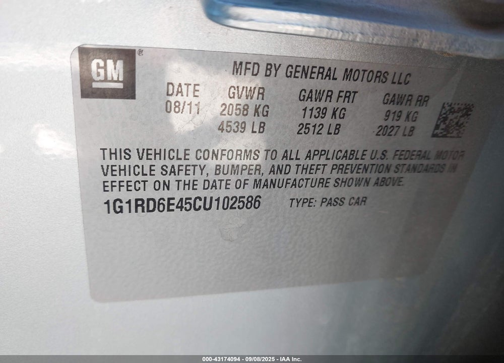 2012 CHEVROLET VOLT VIN: 1G1RD6E45CU102586