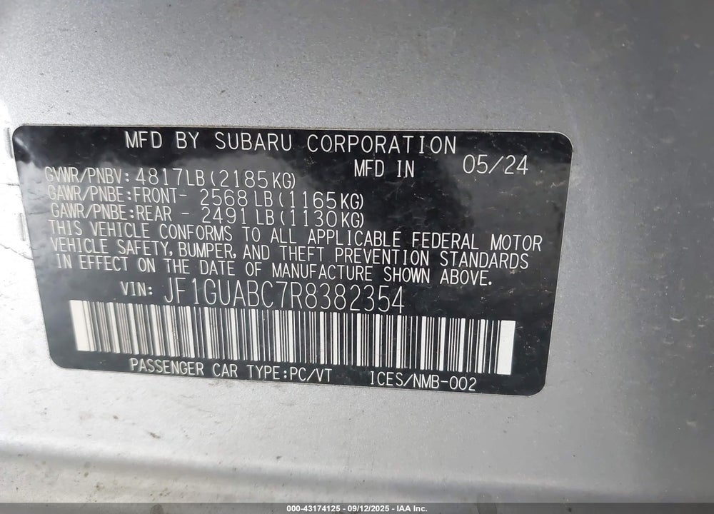 2024 SUBARU IMPREZA VIN: JF1GUABC7R8382354