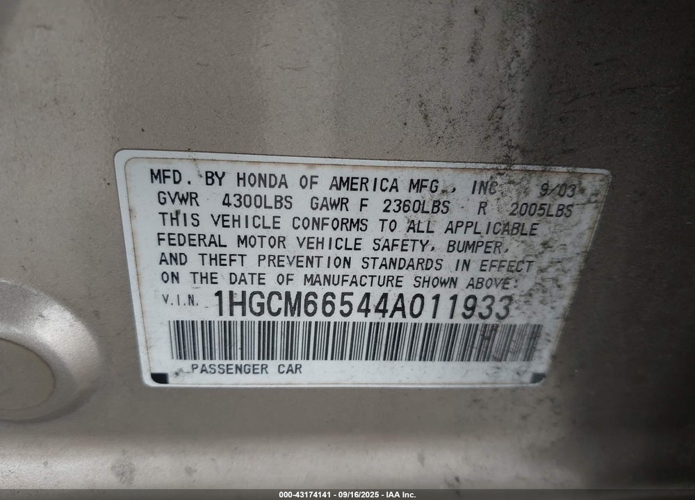 2004 HONDA ACCORD 3.0 EX VIN: 1HGCM66544A011933