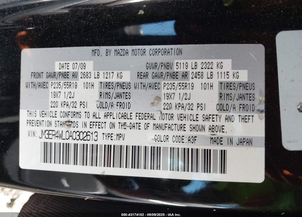 2010 MAZDA CX-7 VIN: JM3ER4WL0A0302613