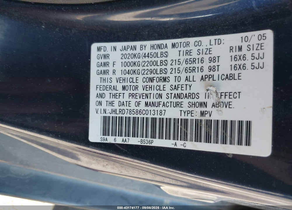 2006 HONDA CR-V LX VIN: JHLRD78586C013187