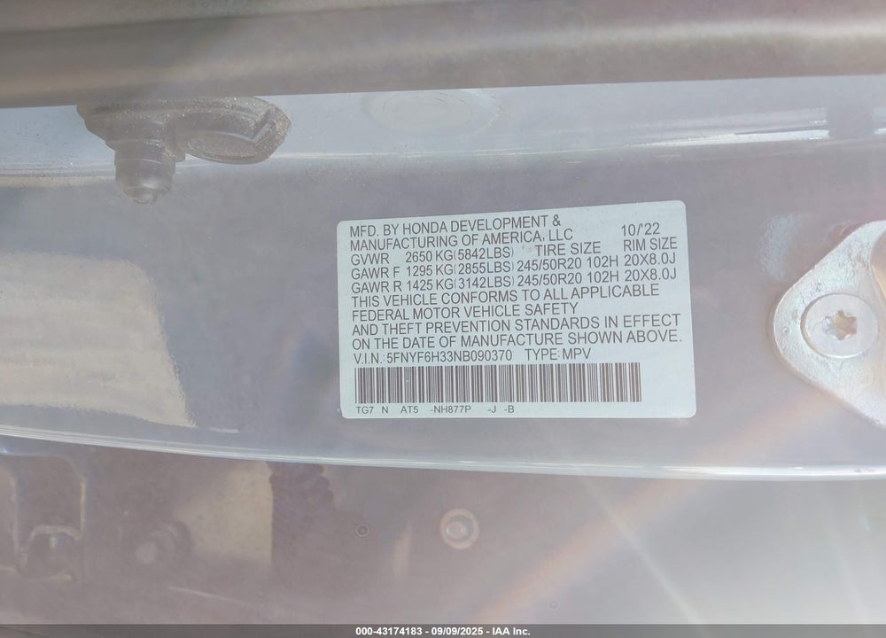 2022 HONDA PILOT VIN: 5FNYF6H33NB090370