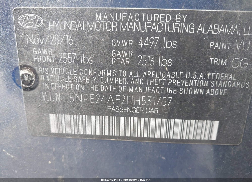 2017 HYUNDAI SONATA VIN: 5NPE24AF2HH531757
