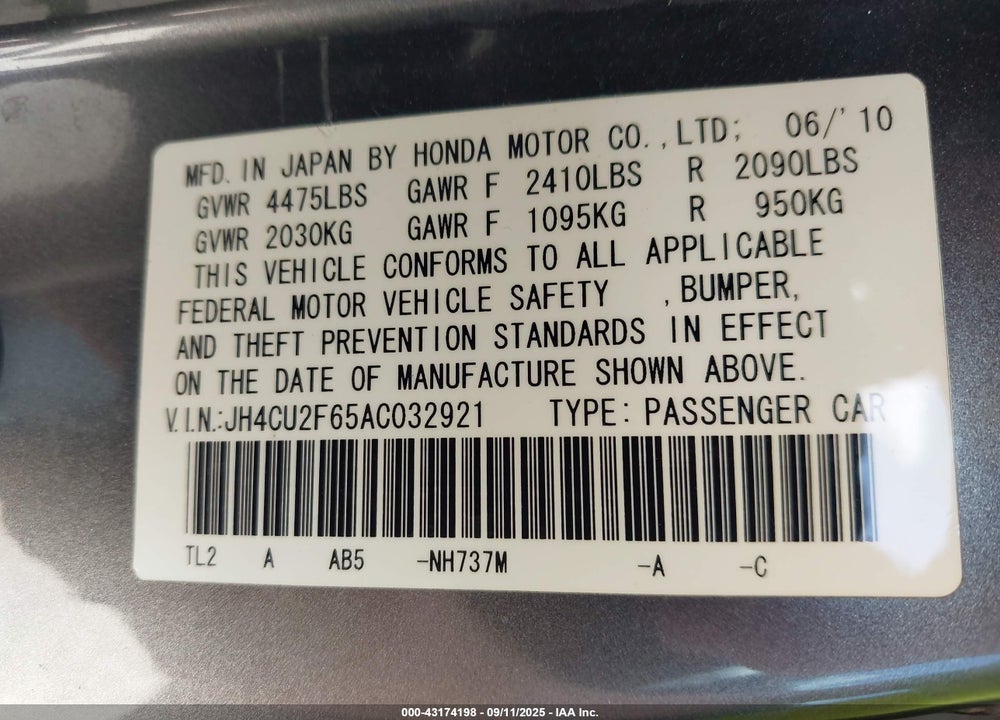 2010 ACURA TSX 2.4 VIN: JH4CU2F65AC032921