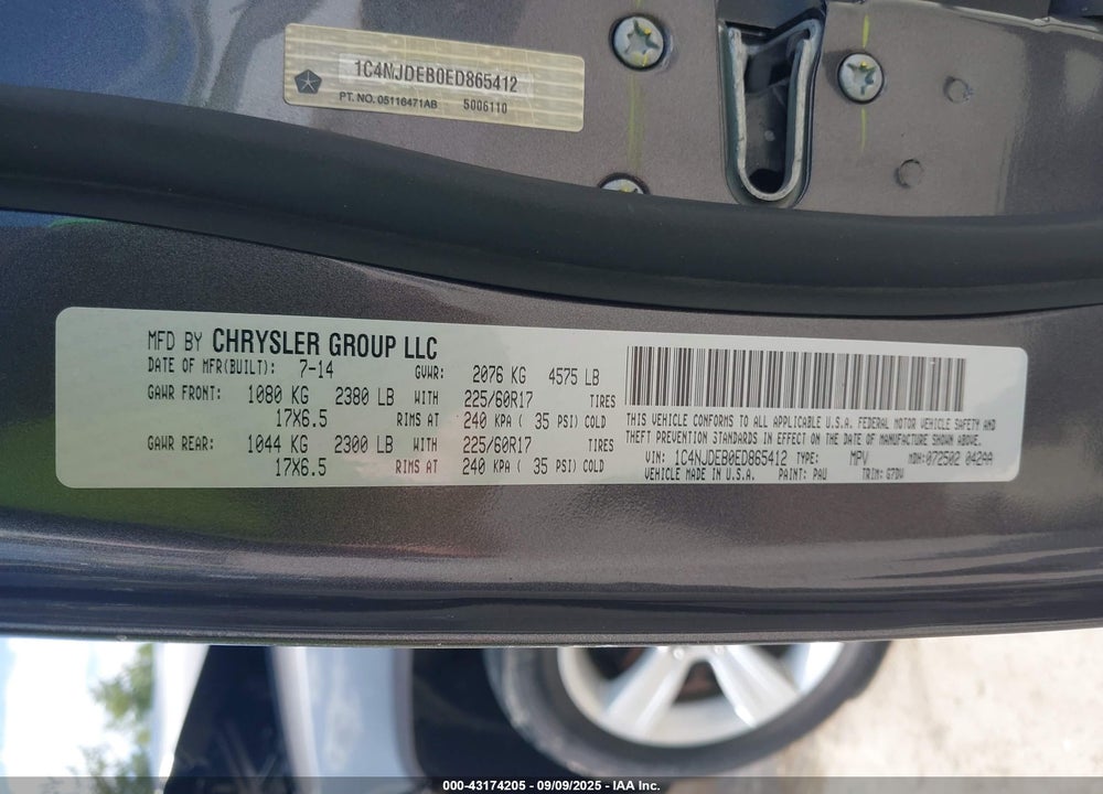 2014 JEEP COMPASS VIN: 1C4NJDEB0ED865412